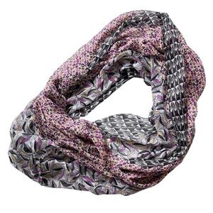 Woven Infinity Scarf in Pink, Black, Gray and Gold Leaf and Floral Pattern